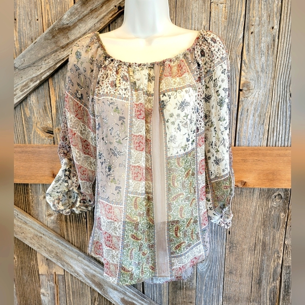 Womens Zara Multicolored Paisley Floral Boho Ethnic Peasant Chiffon Blouse XS